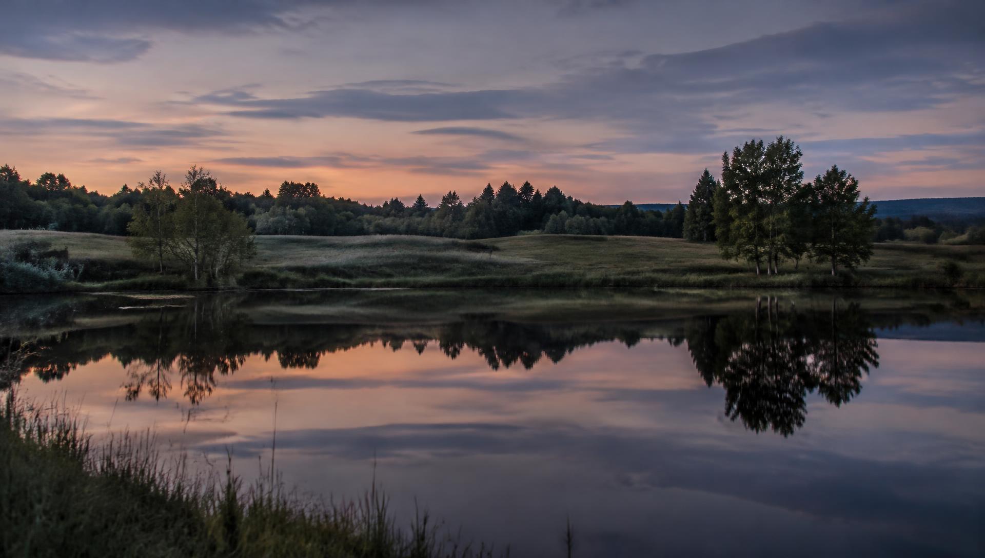 Lakefront acreage at dusk